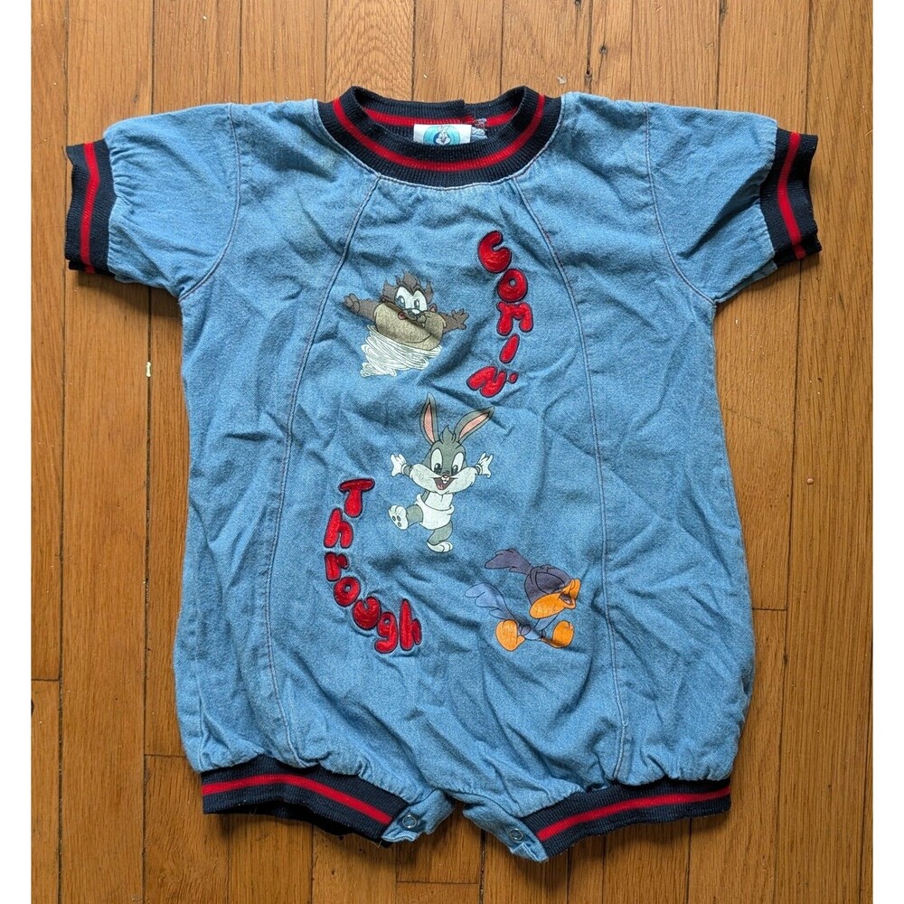 Vintage Looney Tunes Denim Baby Romper Size 18 Months Baby Boys
